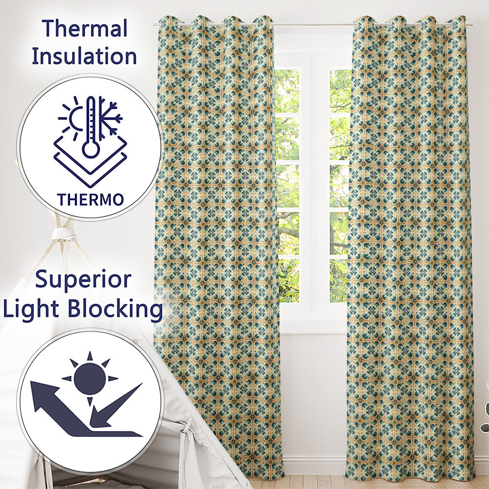 Teal and Orange Stylised Floral Tile with Repeating Geometric Layout Readymade Eyelet Ring Top Thermal 100% Blackout Curtains