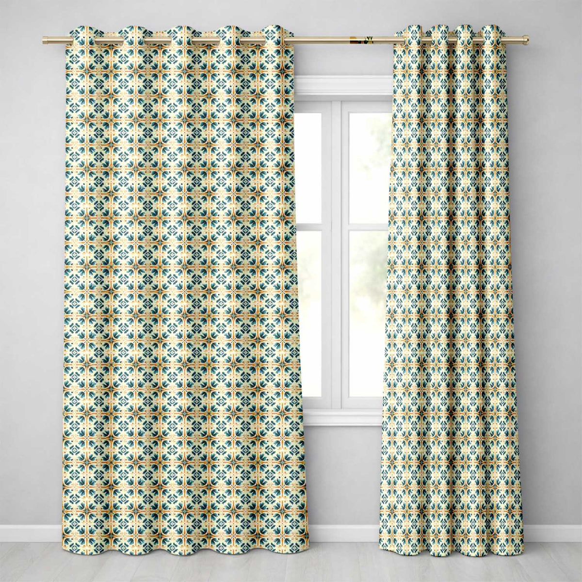 Teal and Orange Stylised Floral Tile with Repeating Geometric Layout Readymade Eyelet Ring Top Thermal 100% Blackout Curtains