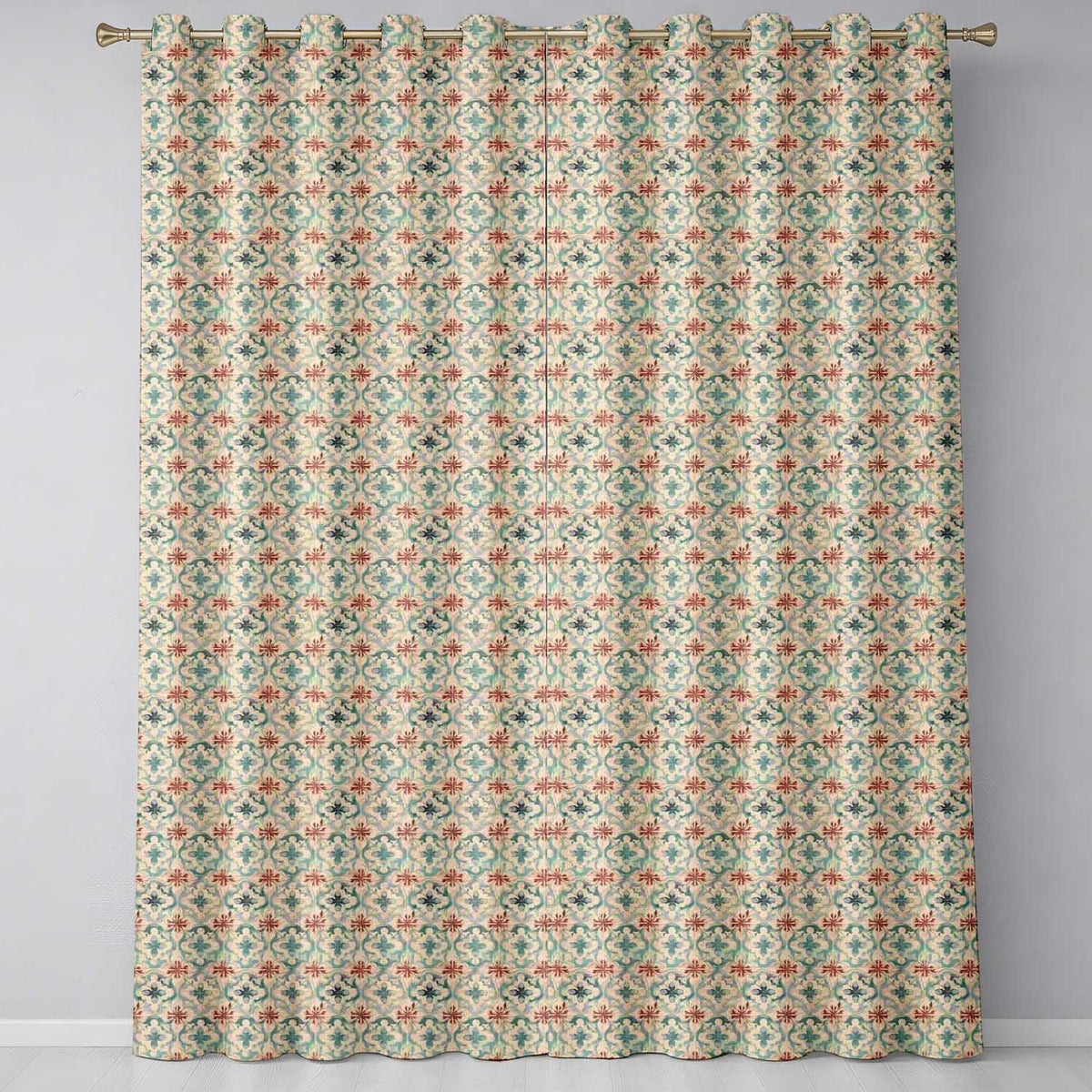Muted Aqua and Terracotta Vintage Tile with Distressed Floral Design Readymade Eyelet Ring Top Thermal 100% Blackout Curtains