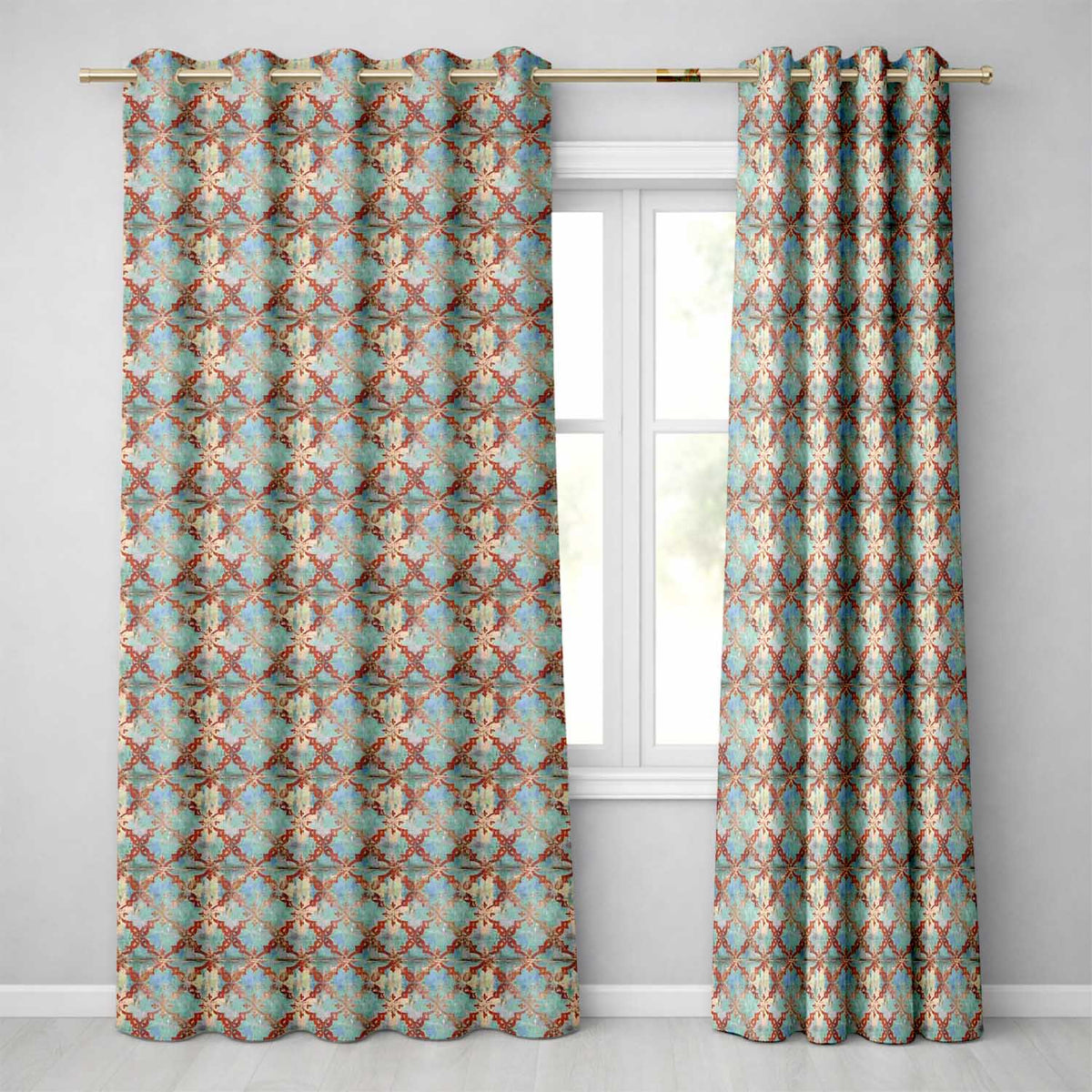 Weathered Blue and Rust Ornate Tile with Antique Finish Readymade Eyelet Ring Top Thermal 100% Blackout Curtains