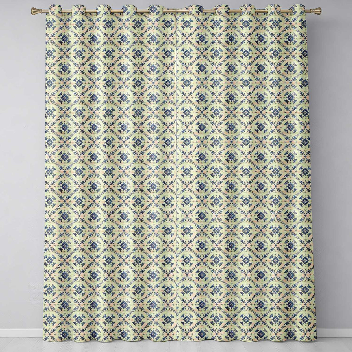 Blue and White Vintage Floral Tile with Classic Symmetrical Design Readymade Eyelet Ring Top Thermal 100% Blackout Curtains