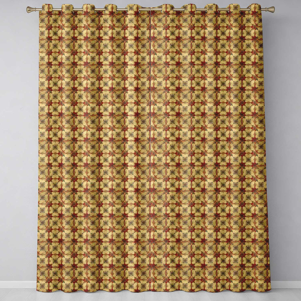 Vintage Floral Tile in Warm Beige and Terracotta Geometric Repeat Readymade Eyelet Ring Top Thermal 100% Blackout Curtains