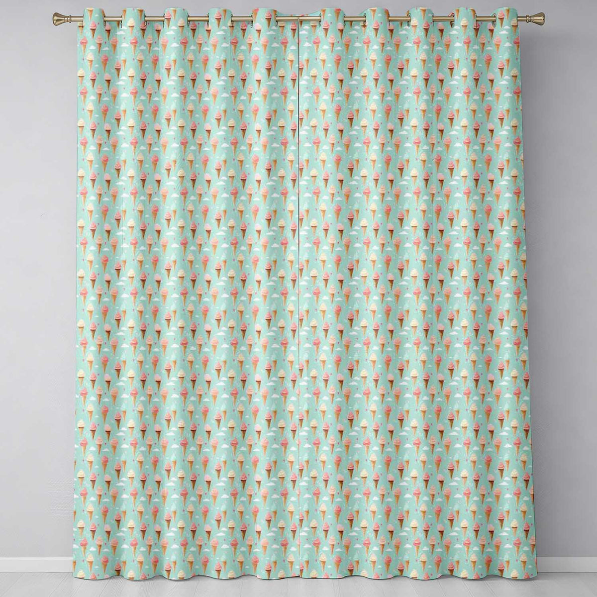 Pastel Ice Cream Cones on Sky Blue with Clouds Sweet Dessert Readymade Eyelet Ring Top Thermal 100% Blackout Curtains