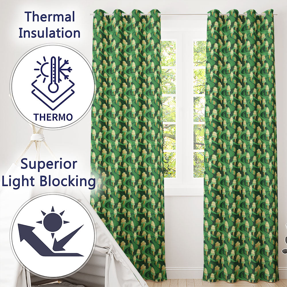 Abstract Green Swirl Background with Vanilla Ice Cream Cones Modern Readymade Eyelet Ring Top Thermal 100% Blackout Curtains