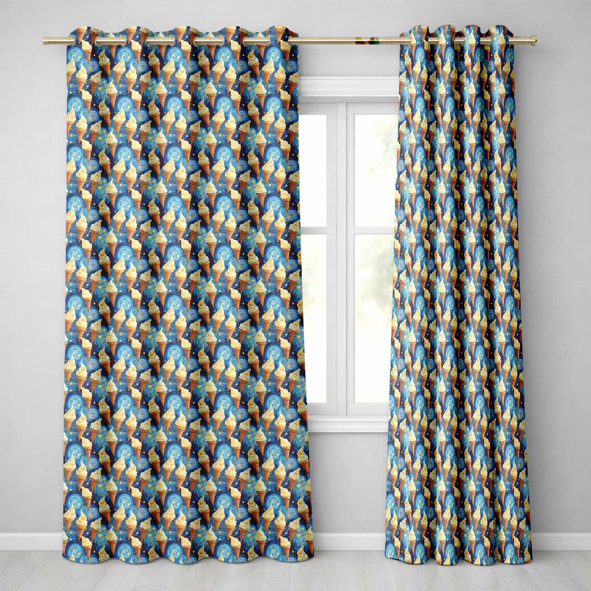 Artistic Ice Cream Cones Over Starry Night Inspired Blue Swirl Background Readymade Eyelet Ring Top Thermal 100% Blackout Curtains