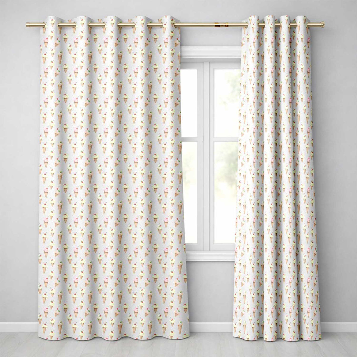 Vintage Style Ice Cream Cones with Cherries on Mint Green Background Readymade Eyelet Ring Top Thermal 100% Blackout Curtains