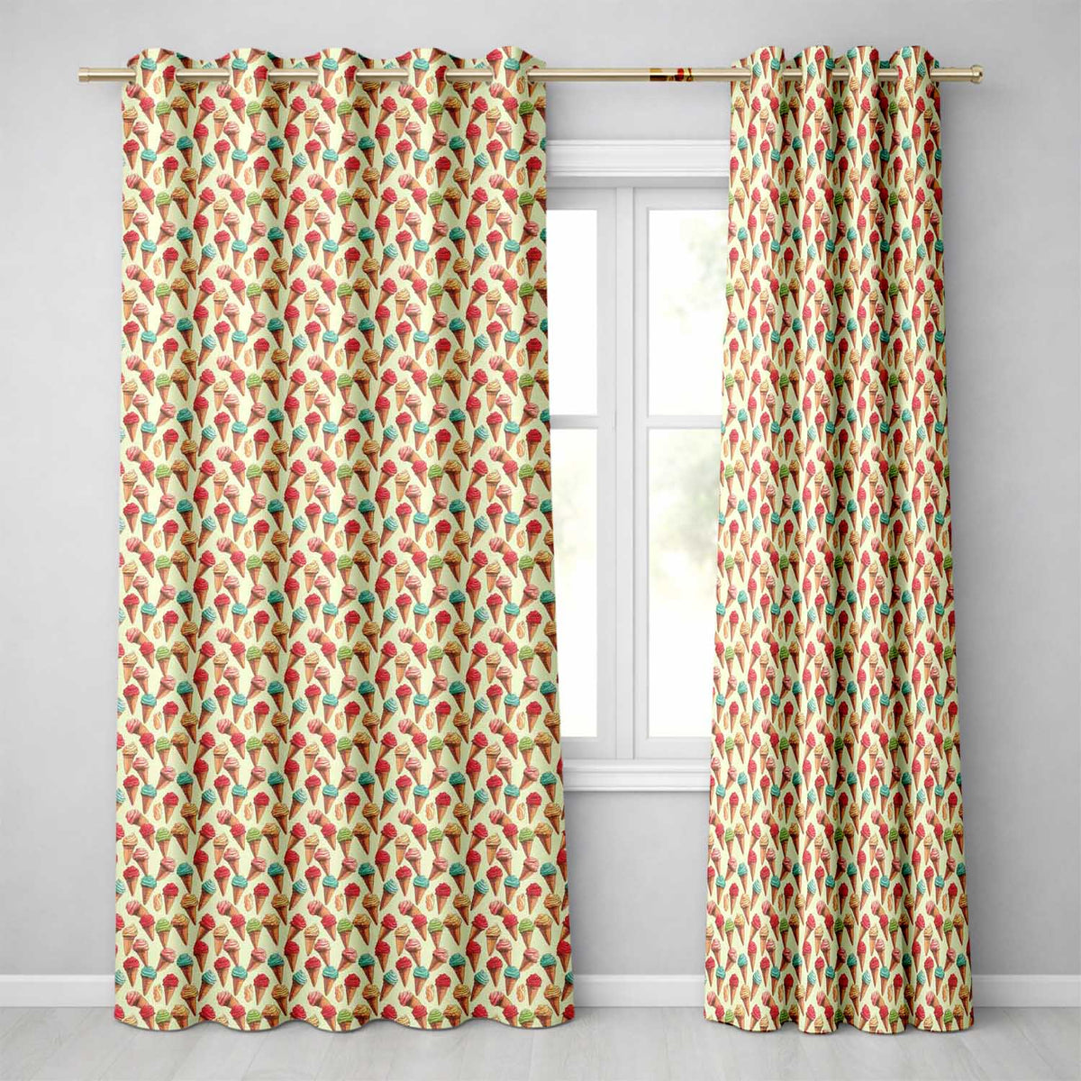 Cartoon Ice Cream Cone in Pink Blue and Chocolate on Light Blue Readymade Eyelet Ring Top Thermal 100% Blackout Curtains