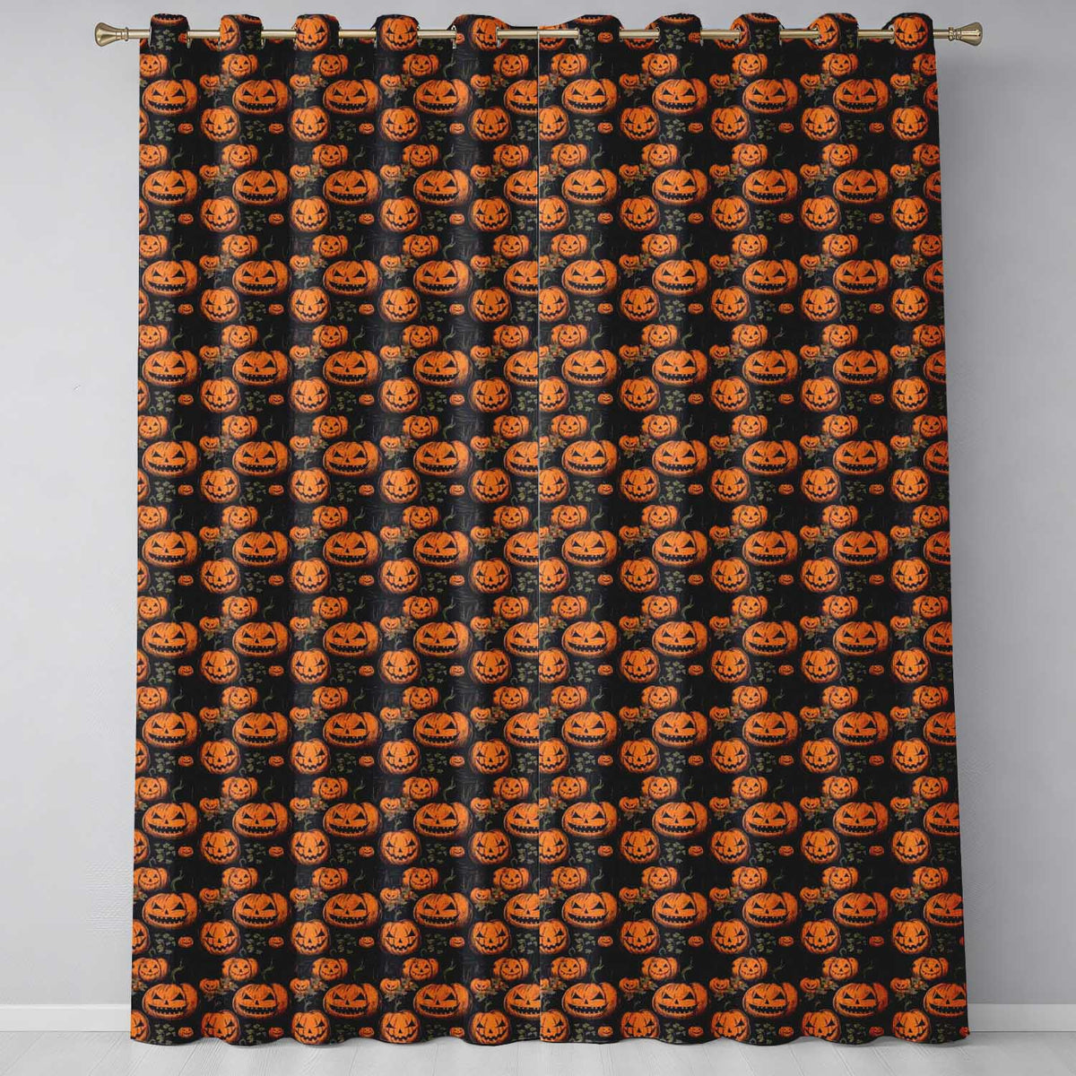 Bold Halloween Pumpkin Illustration on Black with Autumn Leaves Readymade Eyelet Ring Top Thermal 100% Blackout Curtains