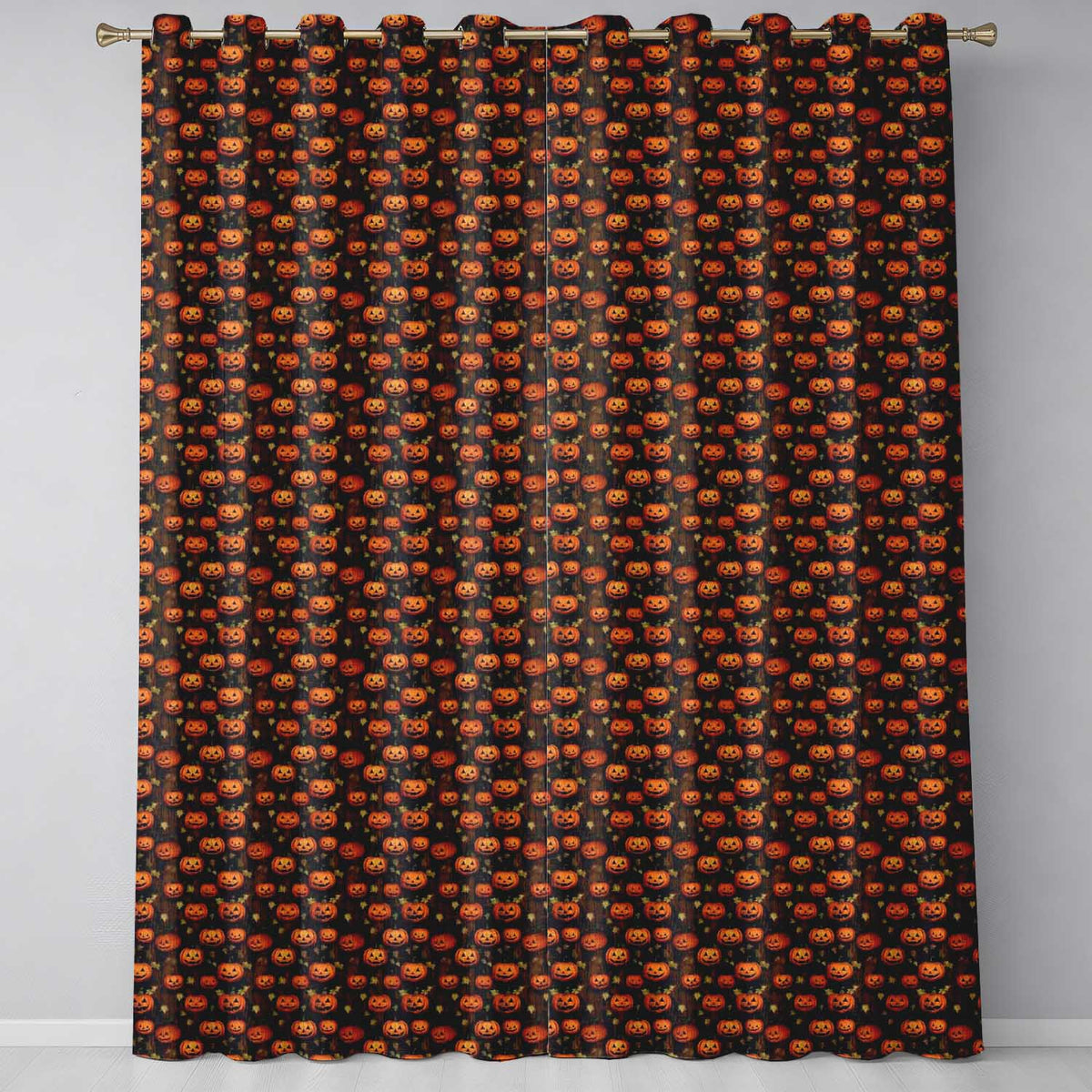 Hanging Pumpkin and Leaves on Dark Wooden Background Halloween Readymade Eyelet Ring Top Thermal 100% Blackout Curtains