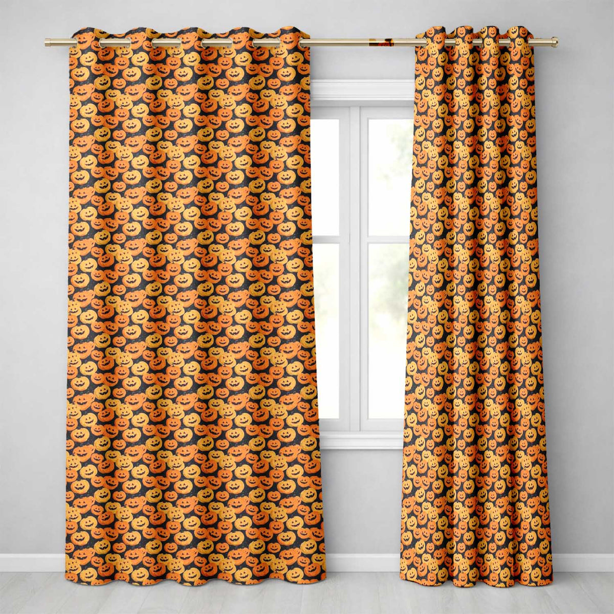 Cartoon Pumpkin Toss on Dark Night Background Halloween Readymade Eyelet Ring Top Thermal 100% Blackout Curtains