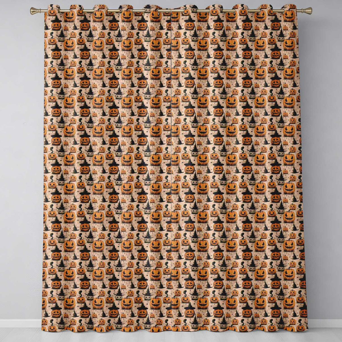 Halloween Pumpkins with Witch Hats and Stars on Vintage Background Readymade Eyelet Ring Top Thermal 100% Blackout Curtains