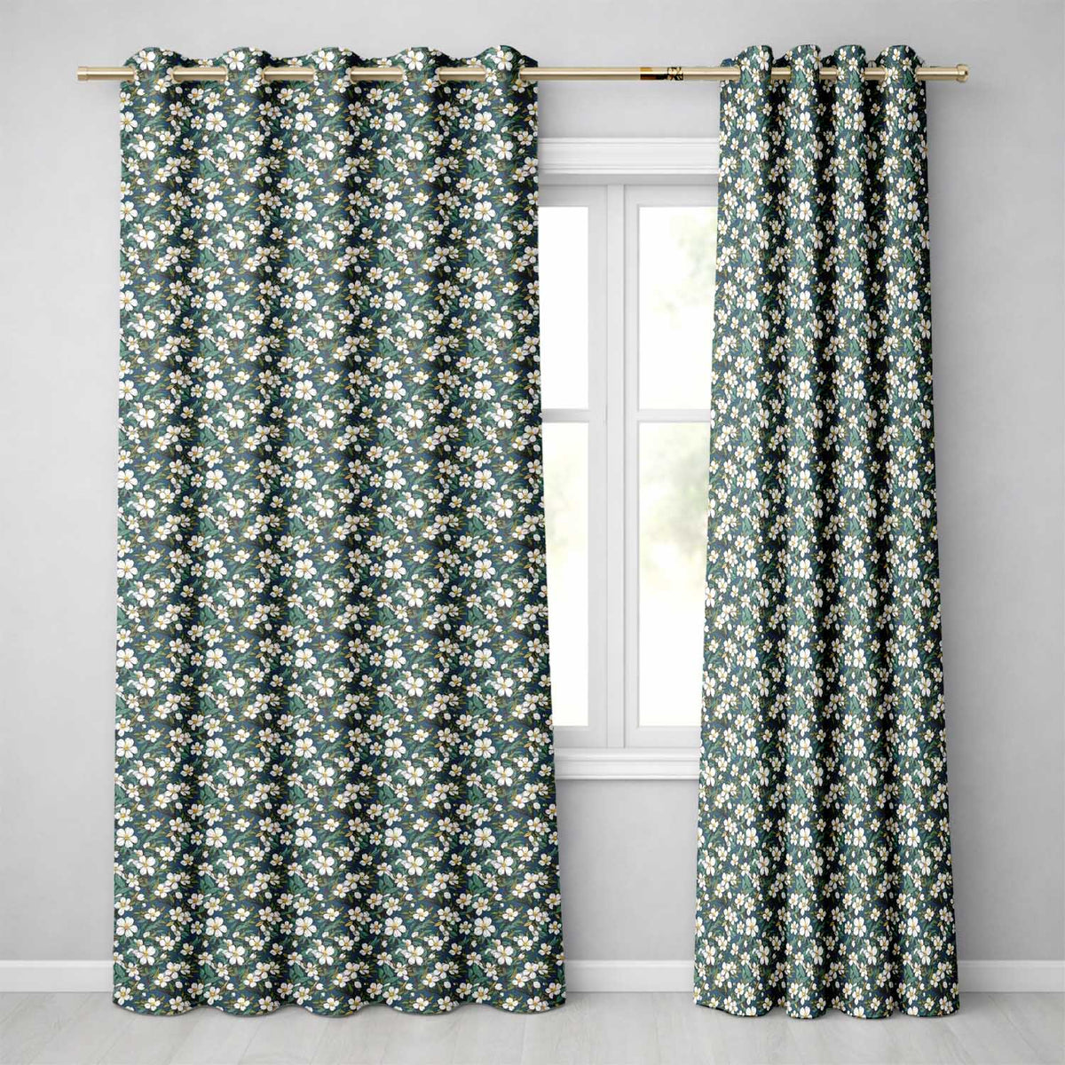 Teal Background White Floral Botanical with Detailed Leaves Readymade Eyelet Ring Top Thermal 100% Blackout Curtains