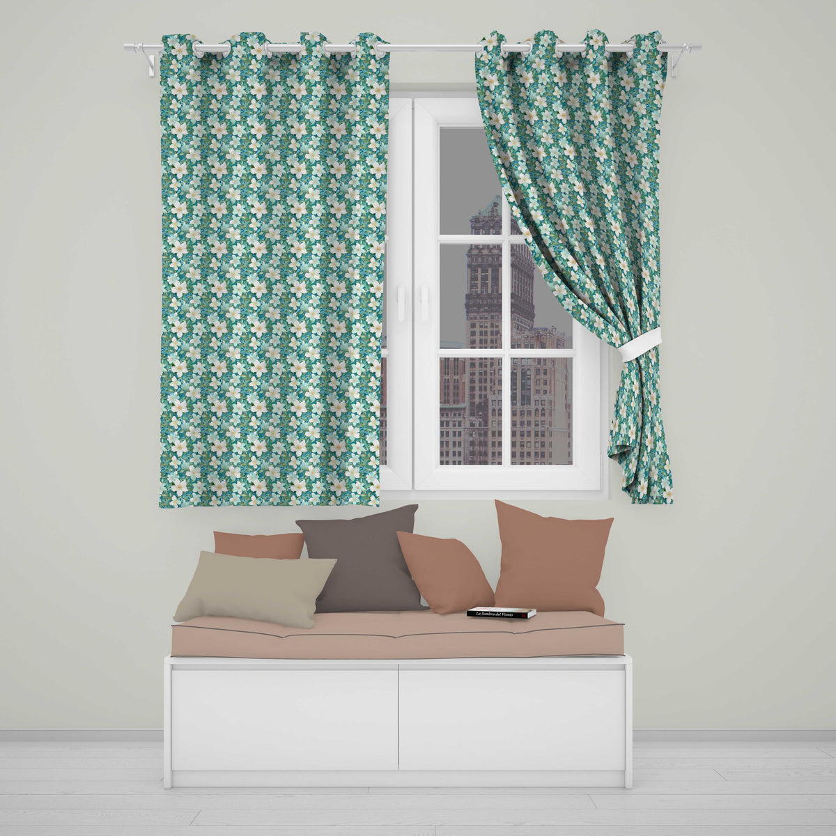 Aqua Floral Blossom with Soft White Flowers and Green Leaves Readymade Eyelet Ring Top Thermal 100% Blackout Curtains