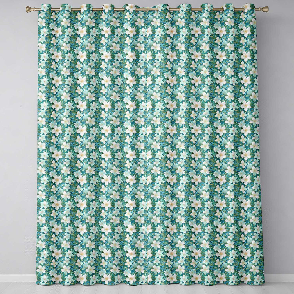 Aqua Floral Blossom with Soft White Flowers and Green Leaves Readymade Eyelet Ring Top Thermal 100% Blackout Curtains