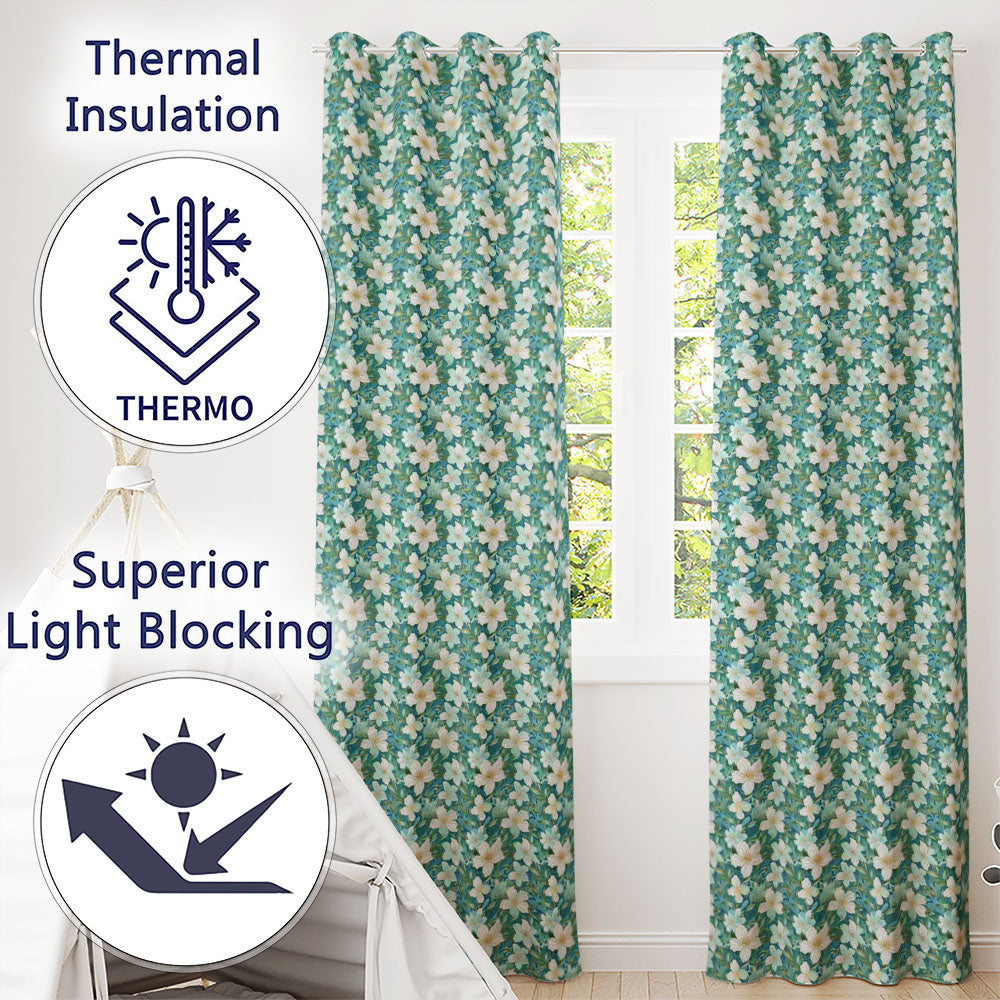 Aqua Floral Blossom with Soft White Flowers and Green Leaves Readymade Eyelet Ring Top Thermal 100% Blackout Curtains