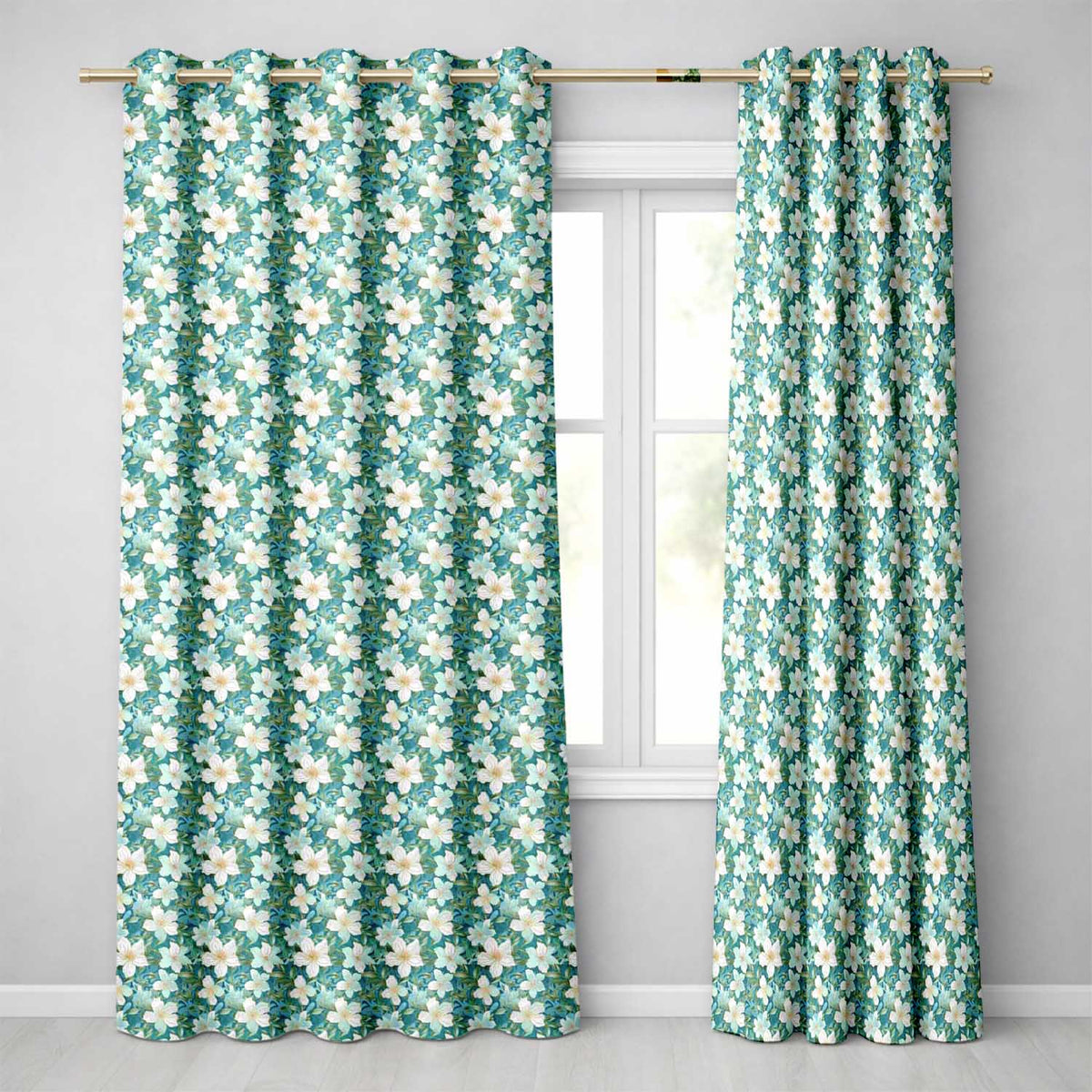 Aqua Floral Blossom with Soft White Flowers and Green Leaves Readymade Eyelet Ring Top Thermal 100% Blackout Curtains