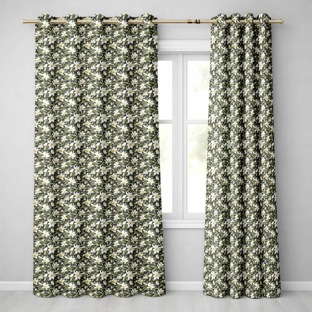 Dark Background Magnolia Style White Flowers with Green Foliage Readymade Eyelet Ring Top Thermal 100% Blackout Curtains