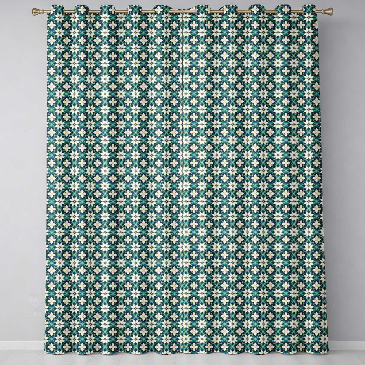 Elegant White Floral Lattice on Teal Geometric Background Seamless Readymade Eyelet Ring Top Thermal 100% Blackout Curtains