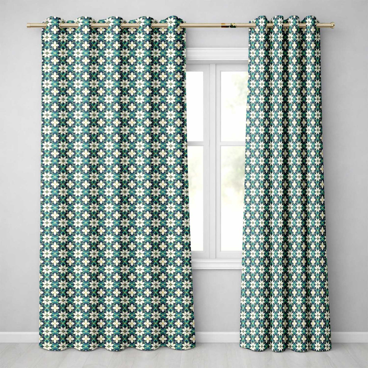 Elegant White Floral Lattice on Teal Geometric Background Seamless Readymade Eyelet Ring Top Thermal 100% Blackout Curtains