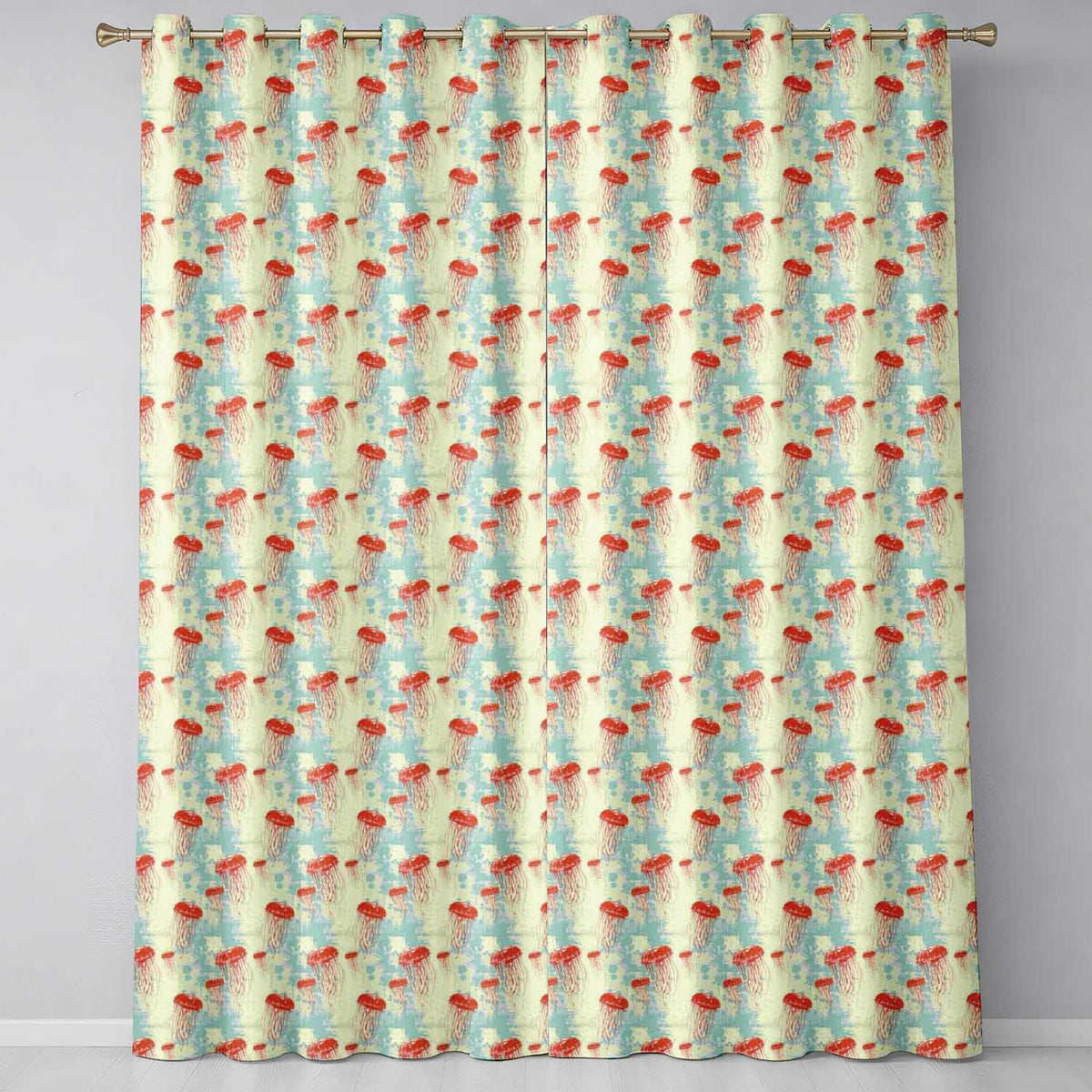 Red Jellyfish Illustration on Distressed BlueBackground Ocean Readymade Eyelet Ring Top Thermal 100% Blackout Curtains