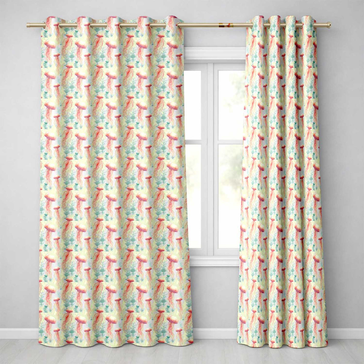Orange Jellyfish Cartoon on Deep Sea Background Seamless Readymade Eyelet Ring Top Thermal 100% Blackout Curtains
