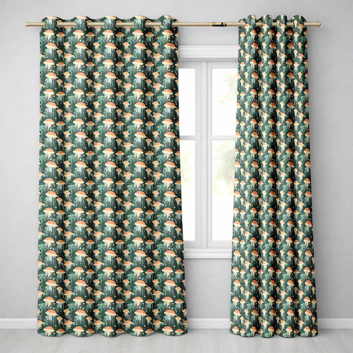 Jellyfish with Flowing Tentacles on Dark Blue Background Readymade Eyelet Ring Top Thermal 100% Blackout Curtains