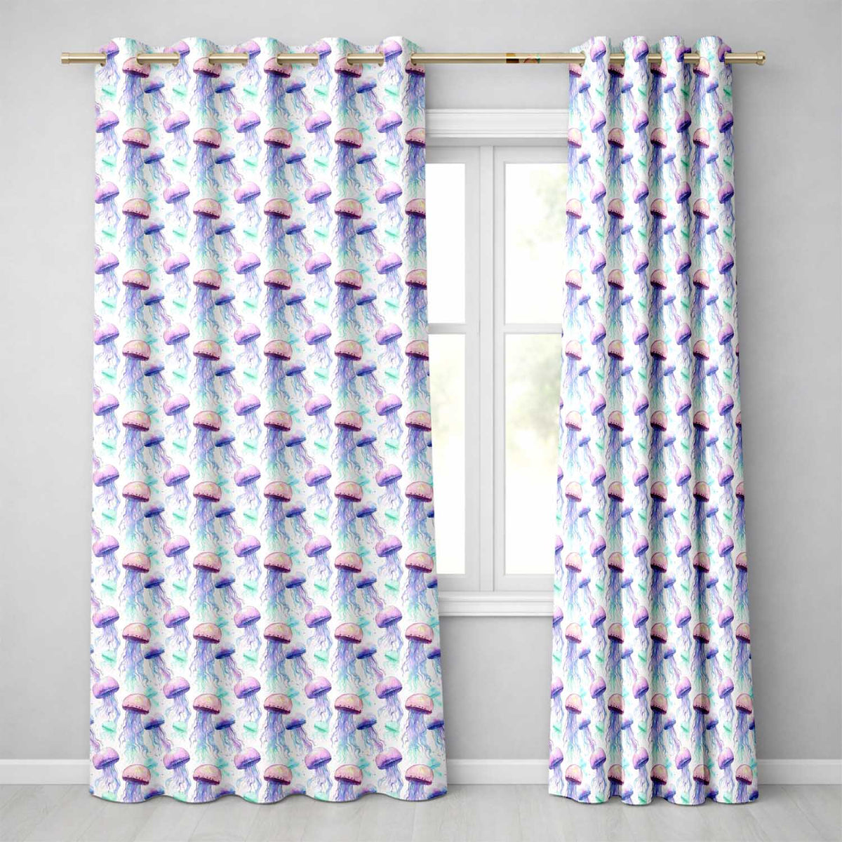 Soft Watercolor Jellyfish in Pastel Purple and Aqua Seamless Marine Readymade Eyelet Ring Top Thermal 100% Blackout Curtains