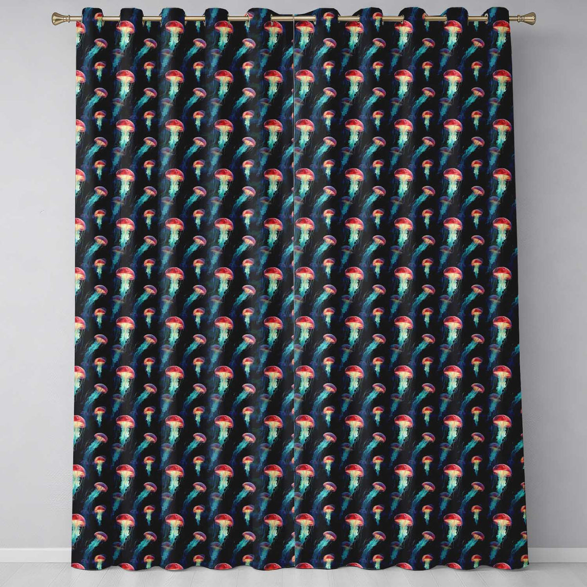 Luminous Red Jellyfish Floating in Dark Ocean Seamless Marine Readymade Eyelet Ring Top Thermal 100% Blackout Curtains