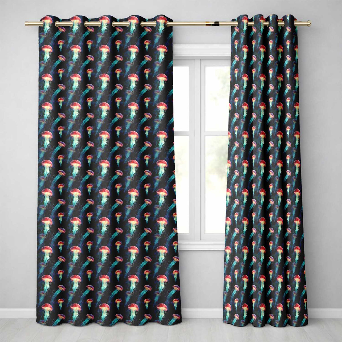 Luminous Red Jellyfish Floating in Dark Ocean Seamless Marine Readymade Eyelet Ring Top Thermal 100% Blackout Curtains
