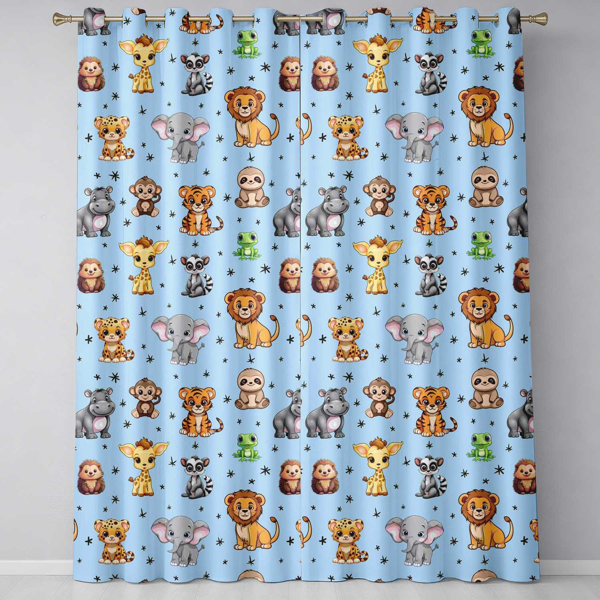Cartoon Safari Animals with Stars on Soft Blue Background Nursery Readymade Eyelet Ring Top Thermal 100% Blackout Curtains