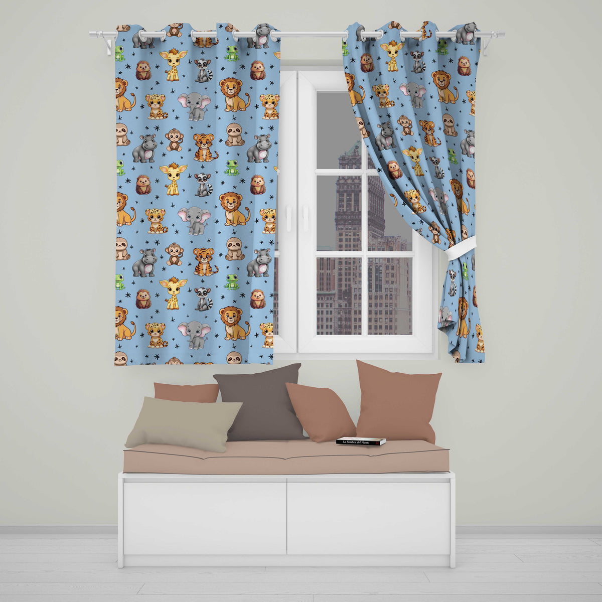 Cartoon Safari Animals with Stars on Blue Background Nursery Readymade Eyelet Ring Top Thermal 100% Blackout Curtains