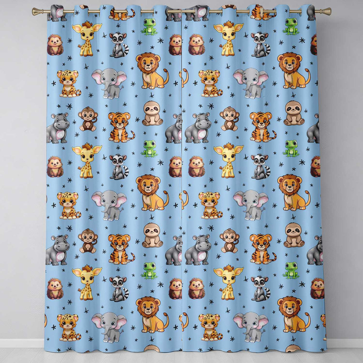 Cartoon Safari Animals with Stars on Blue Background Nursery Readymade Eyelet Ring Top Thermal 100% Blackout Curtains
