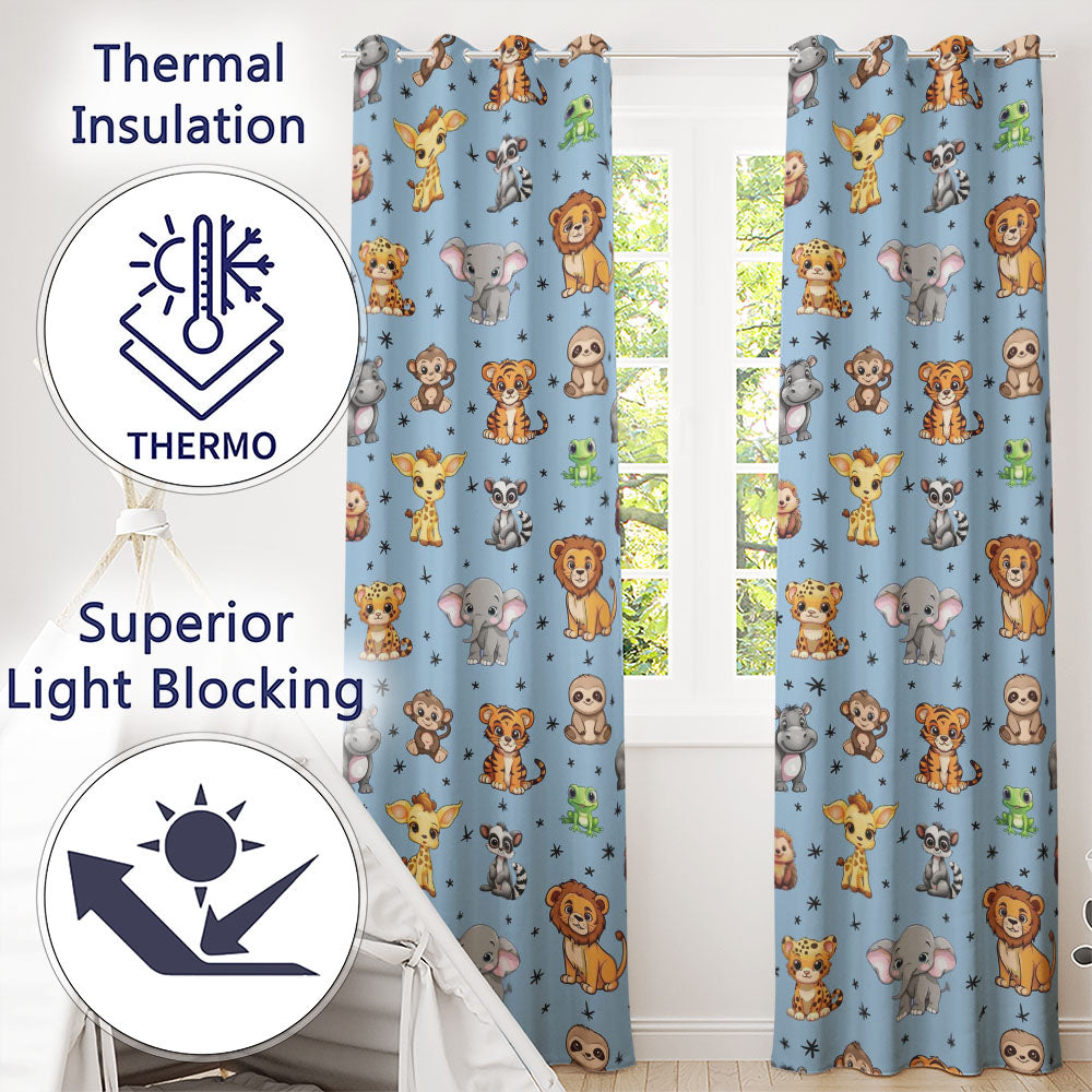 Cartoon Safari Animals with Stars on Blue Background Nursery Readymade Eyelet Ring Top Thermal 100% Blackout Curtains