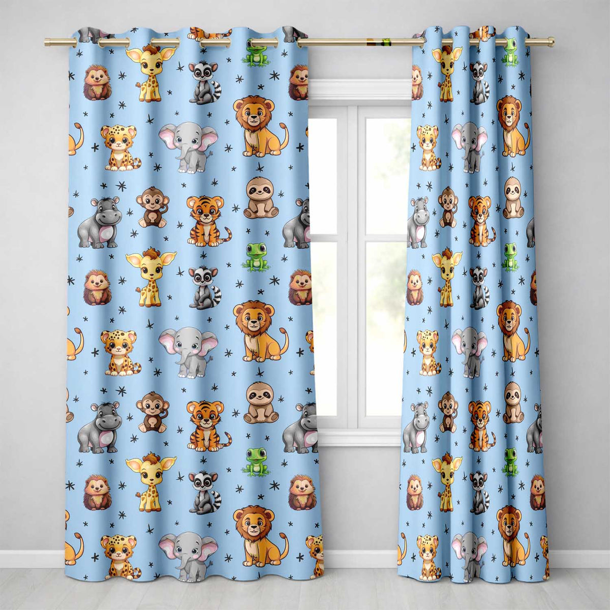 Cartoon Safari Animals with Stars on Blue Background Nursery Readymade Eyelet Ring Top Thermal 100% Blackout Curtains