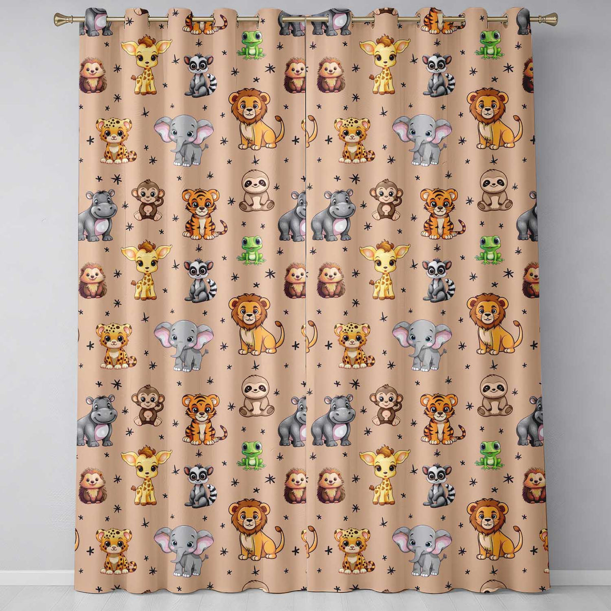 Cartoon Safari Animals with Stars on Peach Background Nursery Readymade Eyelet Ring Top Thermal 100% Blackout Curtains