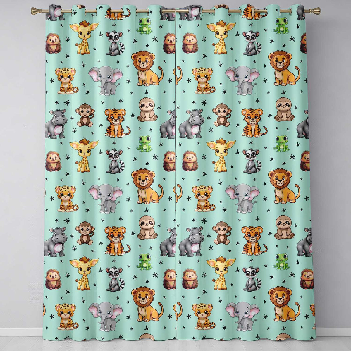 Cartoon Safari Animals with Stars on Mint Background Nursery Readymade Eyelet Ring Top Thermal 100% Blackout Curtains