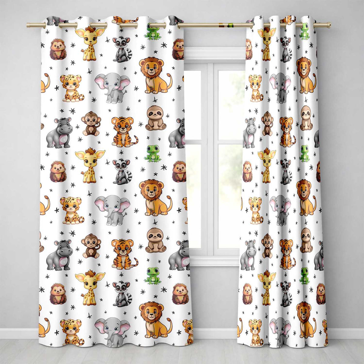 Cartoon Safari Animals with Stars on Light Grey Background Nursery Readymade Eyelet Ring Top Thermal 100% Blackout Curtains