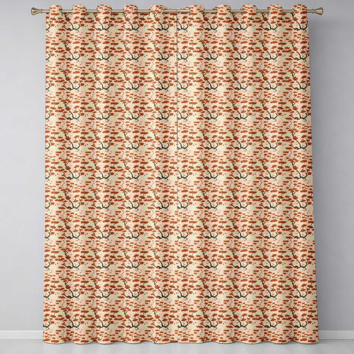 Elegant Oriental Style Red Blossom Trees Seamless on Cream Background Readymade Eyelet Ring Top Thermal 100% Blackout Curtains