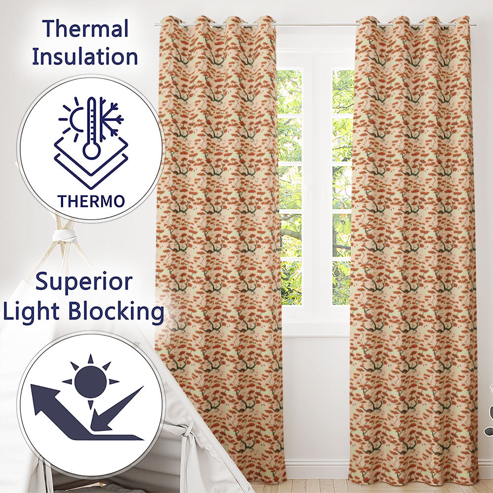 Elegant Oriental Style Red Blossom Trees Seamless on Cream Background Readymade Eyelet Ring Top Thermal 100% Blackout Curtains