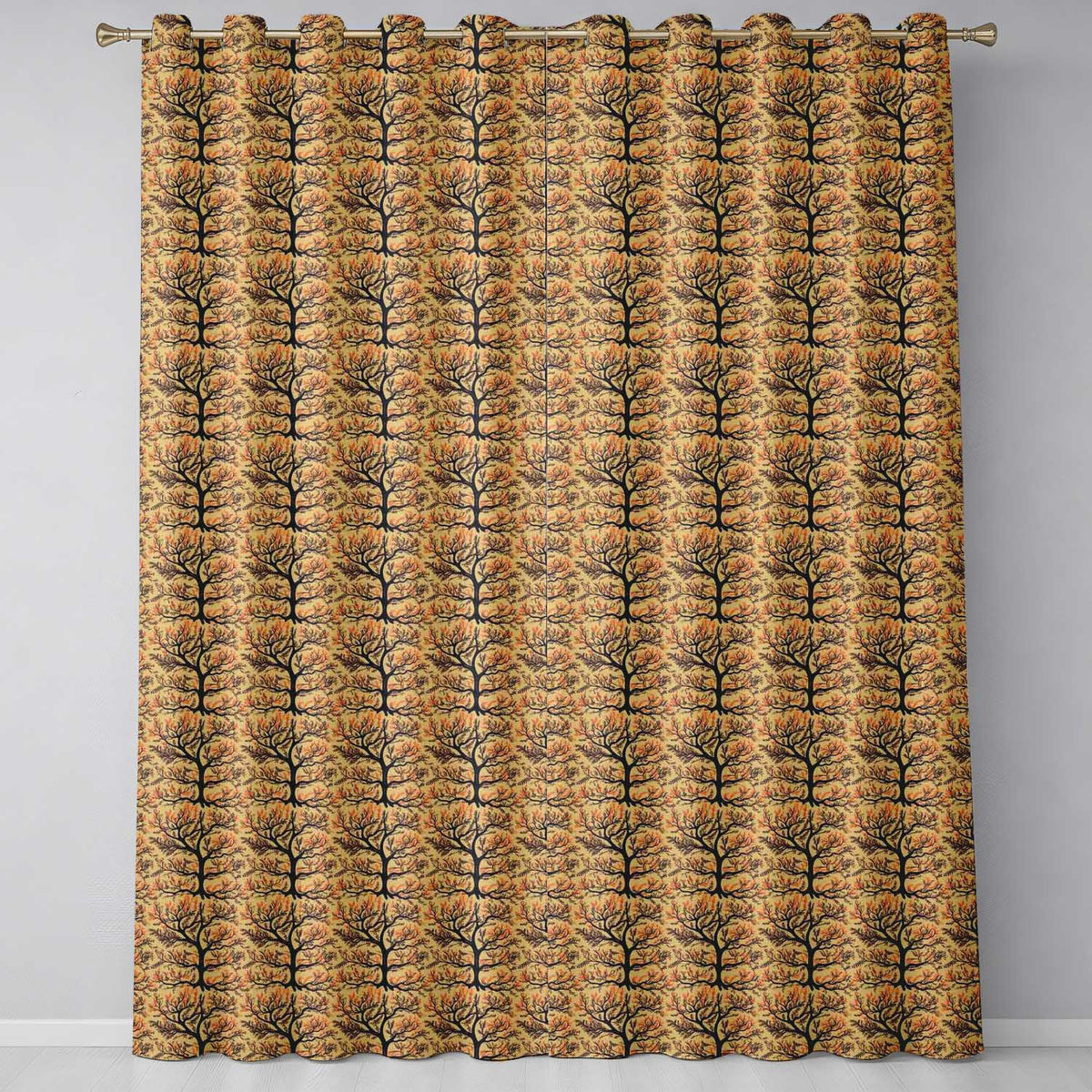 Autumn Branch Silhouette Tree in Warm Earthy Tones Readymade Eyelet Ring Top Thermal 100% Blackout Curtains