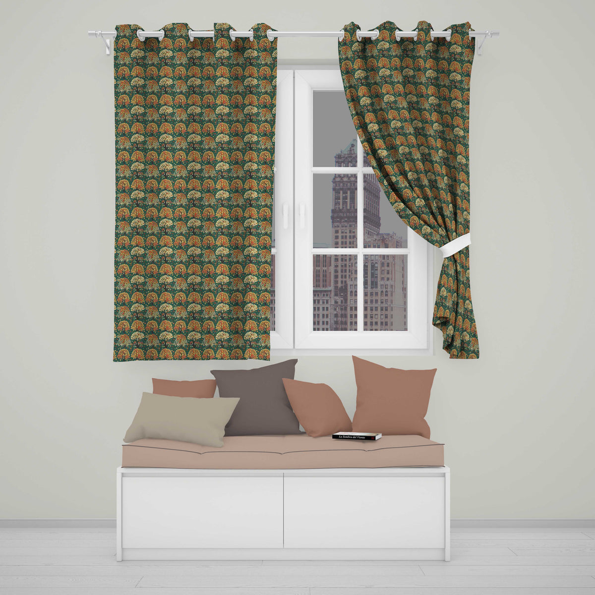 Decorative Autumn Trees in Teal and Orange Folk Art Style Readymade Eyelet Ring Top Thermal 100% Blackout Curtains