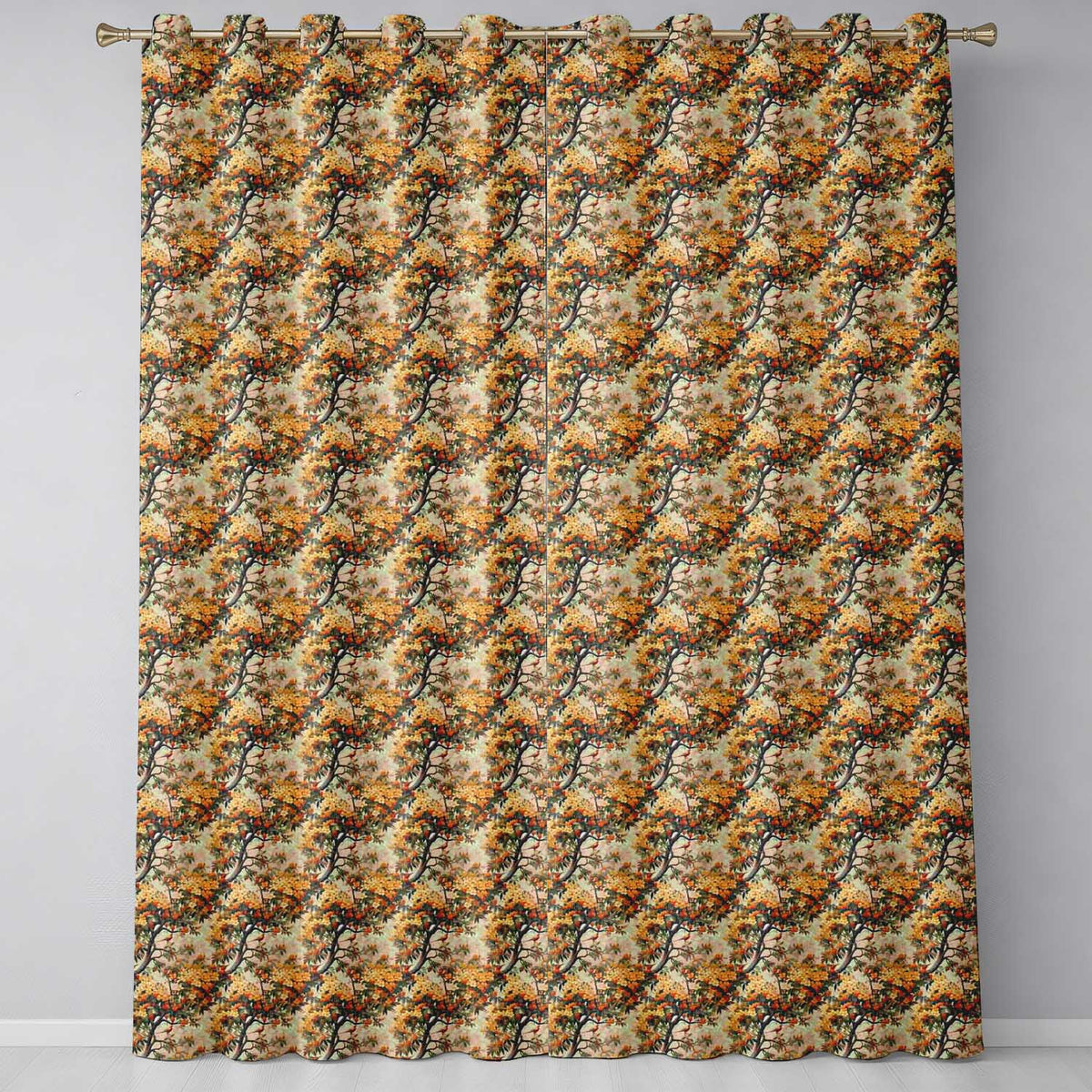 Detailed Botanical Branches with Orange Flowers and Birds Vintage Style Readymade Eyelet Ring Top Thermal 100% Blackout Curtains