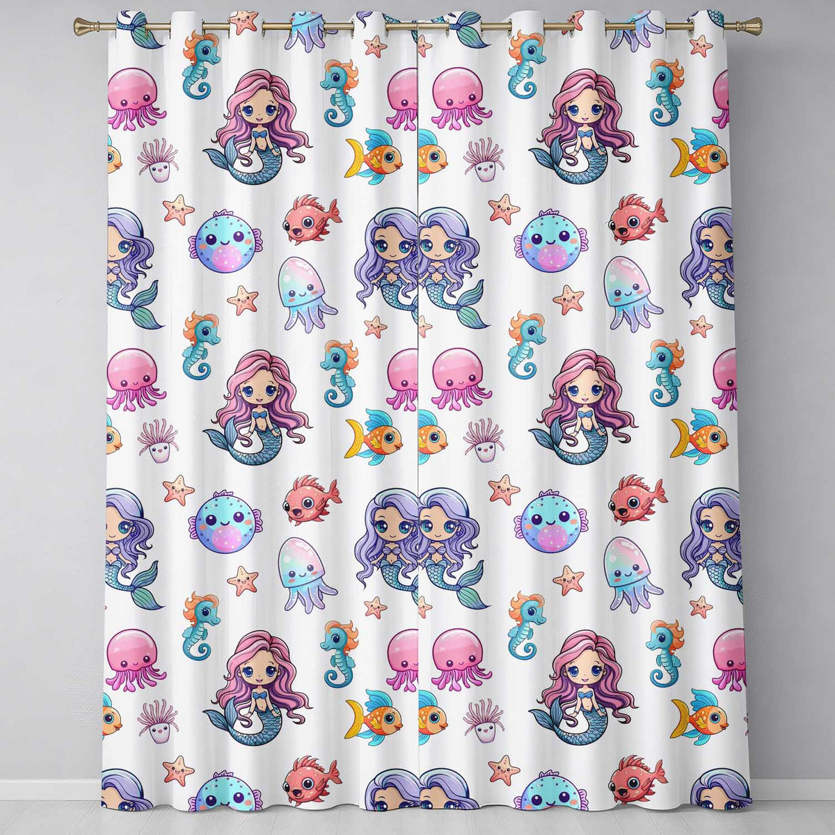 Cartoon Mermaid with Sea Creatures on Light Background Kids Design Readymade Eyelet Ring Top Thermal 100% Blackout Curtains