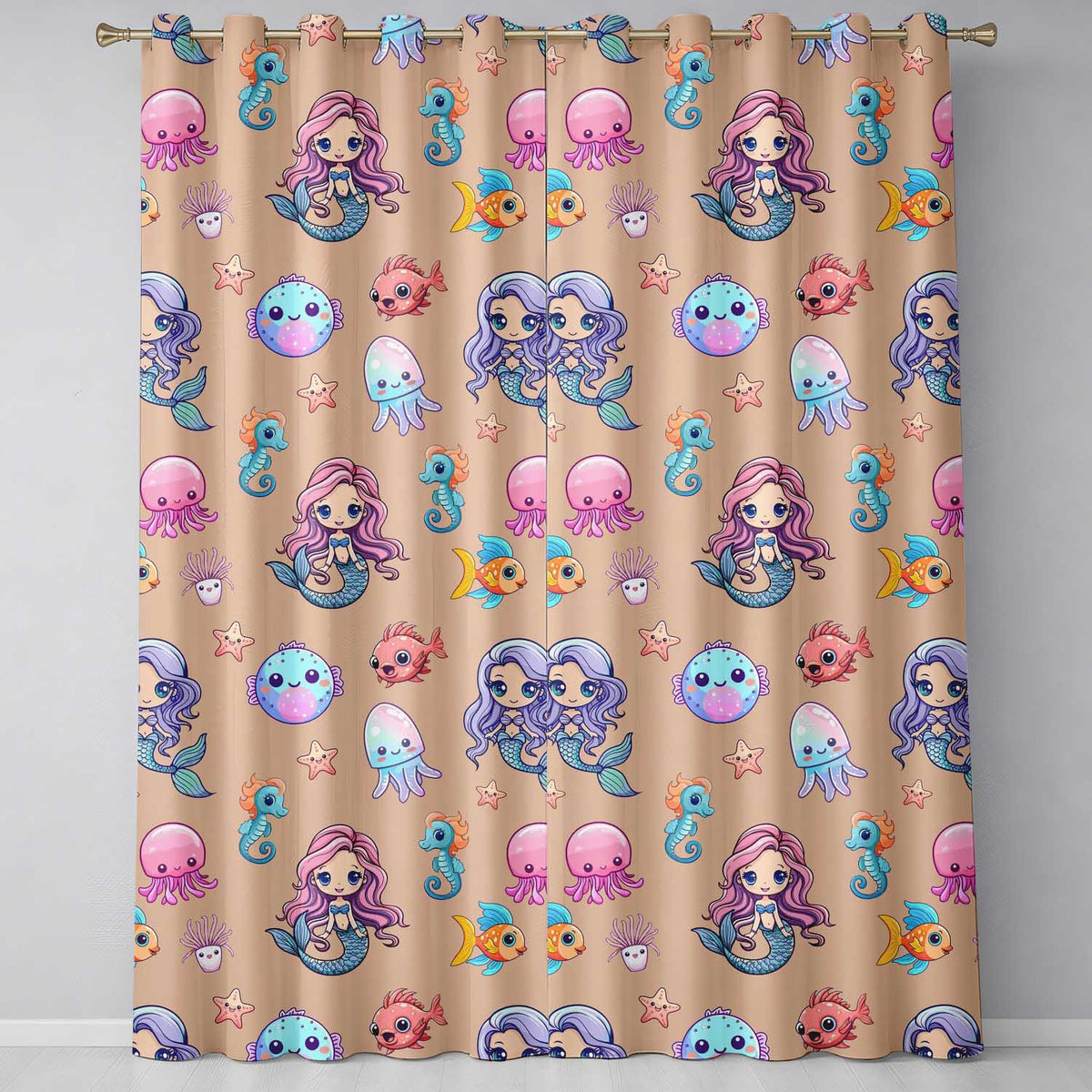 Cartoon Mermaid with Sea Creatures on Peach Background Kids Design Readymade Eyelet Ring Top Thermal 100% Blackout Curtains