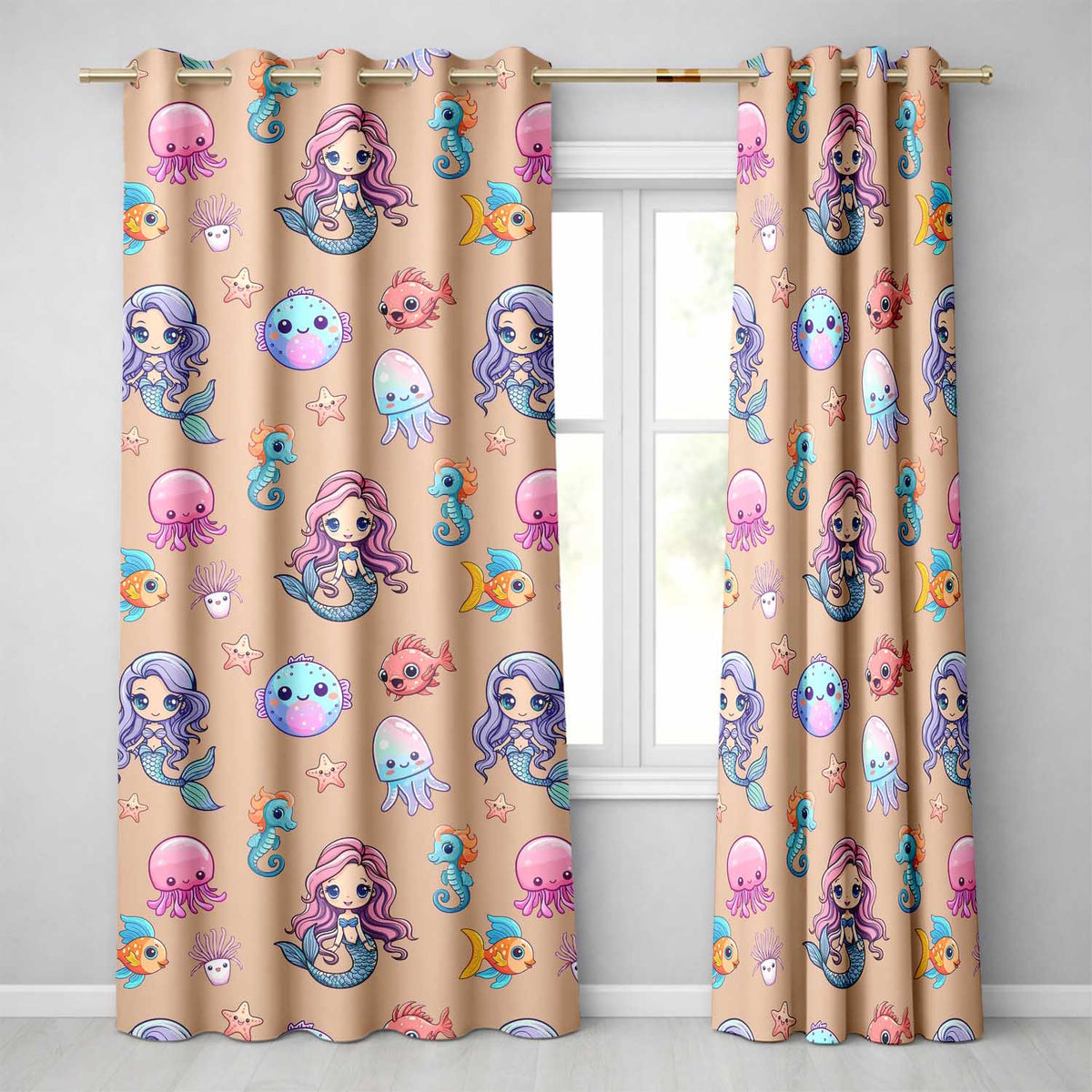 Cartoon Mermaid with Sea Creatures on Peach Background Kids Design Readymade Eyelet Ring Top Thermal 100% Blackout Curtains
