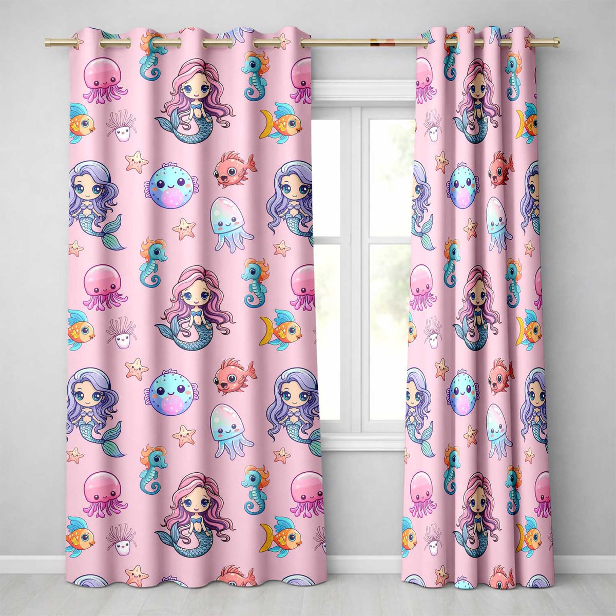 Cartoon Mermaid with Sea Creatures on Pink Background Playful Design Readymade Eyelet Ring Top Thermal 100% Blackout Curtains