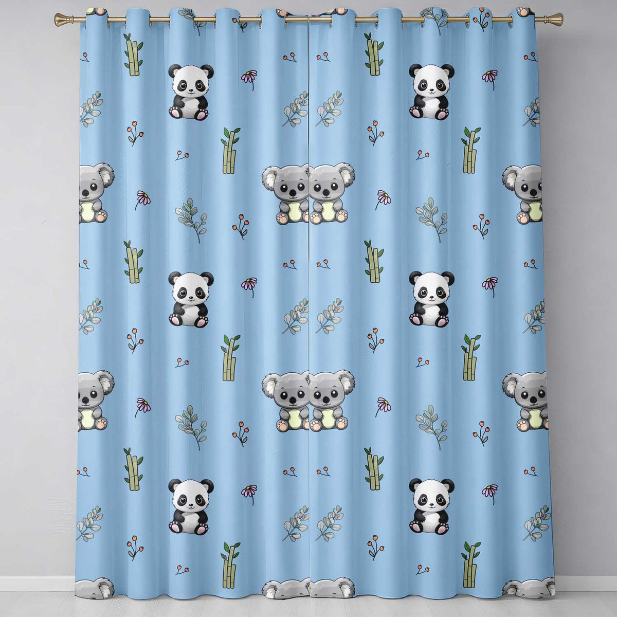 Panda Bamboo and Floral Minimal Seamless on Sky Blue Background Readymade Eyelet Ring Top Thermal 100% Blackout Curtains