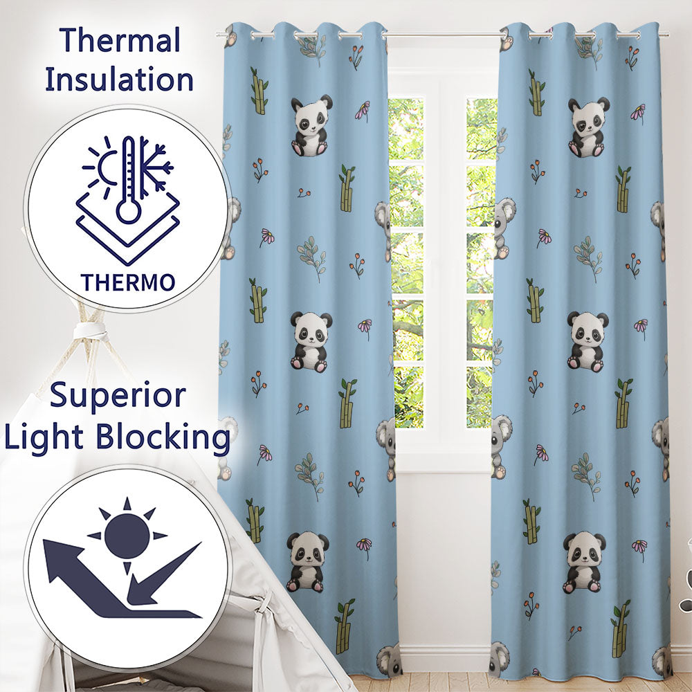 Panda Bamboo and Floral Minimal Seamless on Sky Blue Background Readymade Eyelet Ring Top Thermal 100% Blackout Curtains