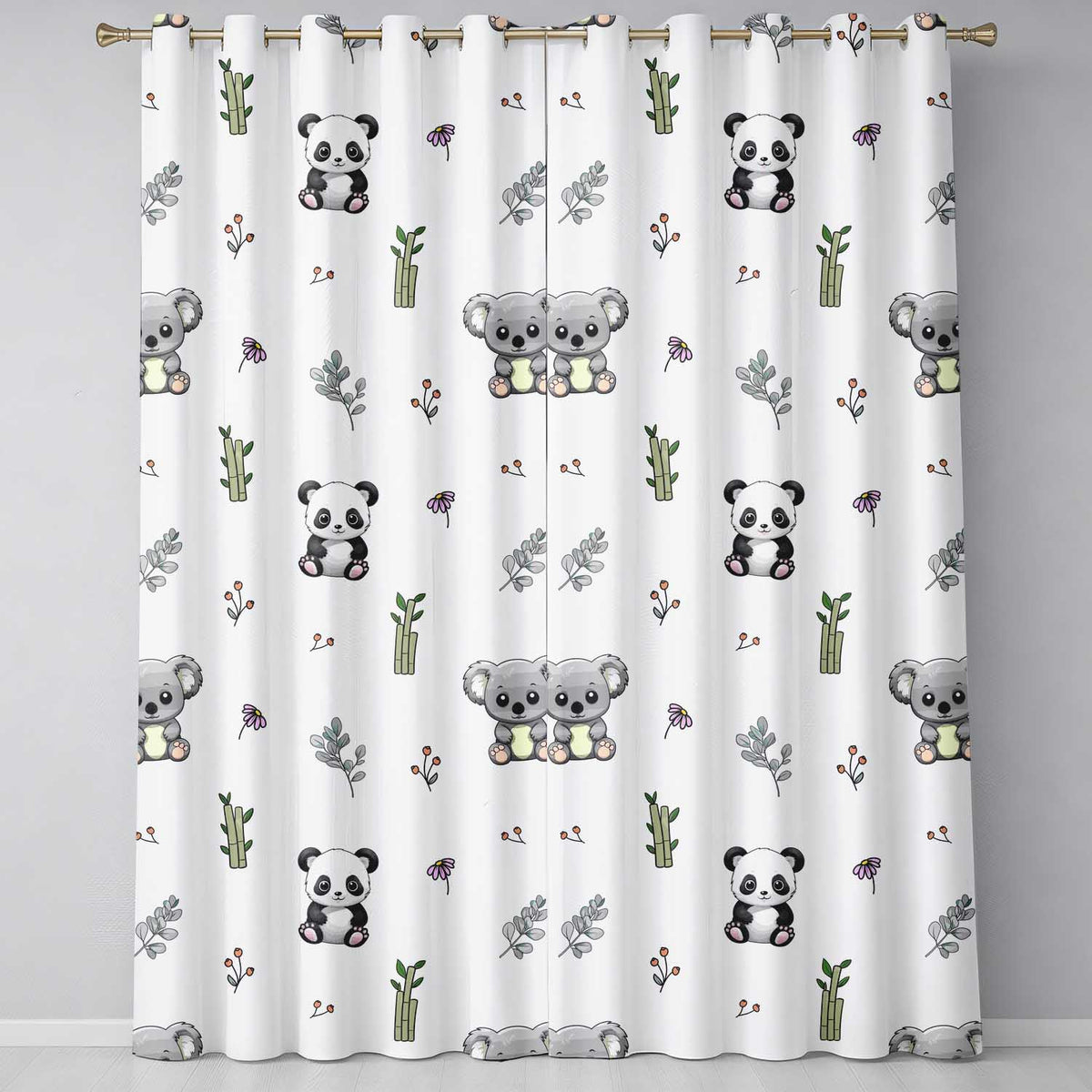 Panda Bamboo and Floral Minimal on Neutral Beige Background Readymade Eyelet Ring Top Thermal 100% Blackout Curtains