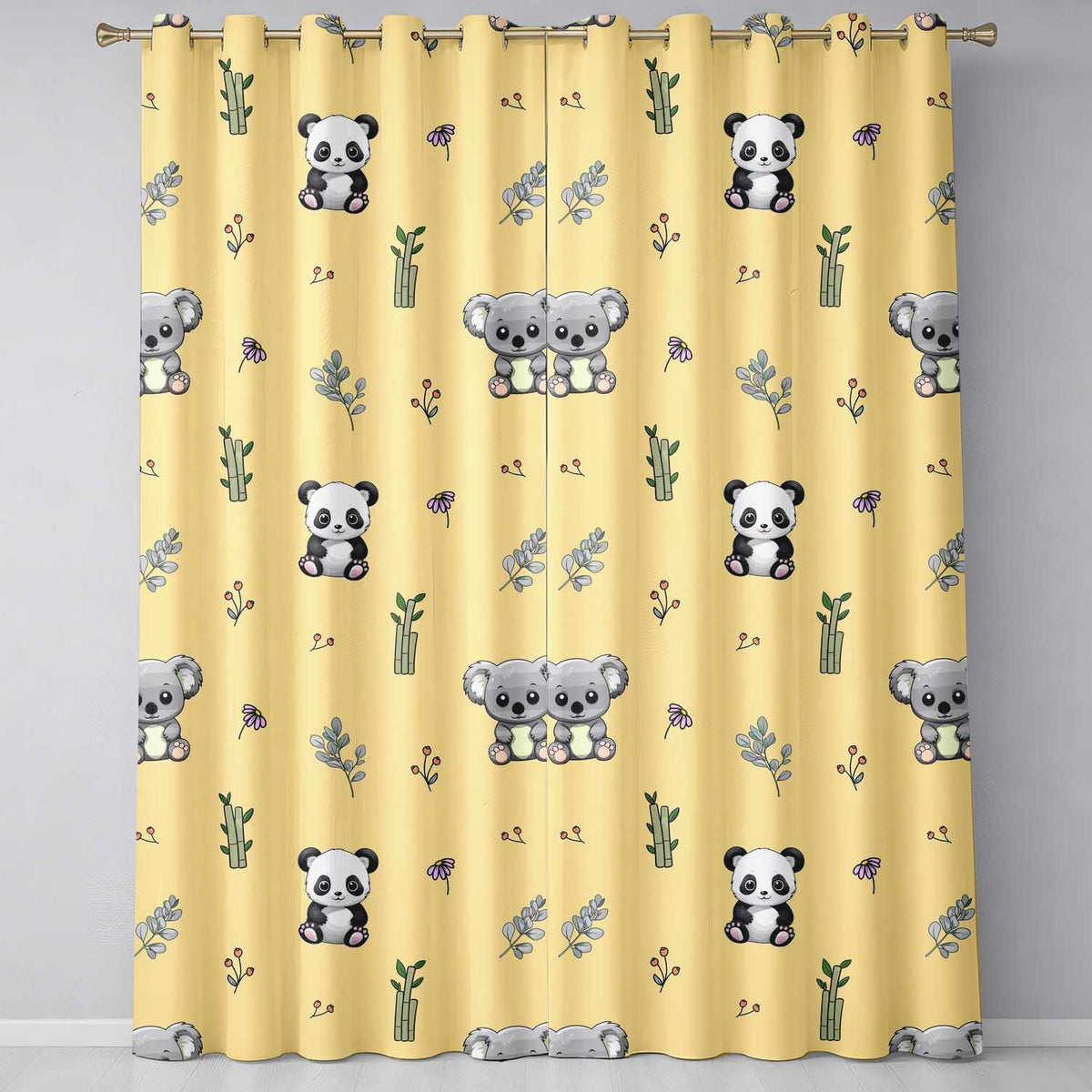 Panda Bamboo and Floral Minimal Seamless on Warm Yellow Background Readymade Eyelet Ring Top Thermal 100% Blackout Curtains